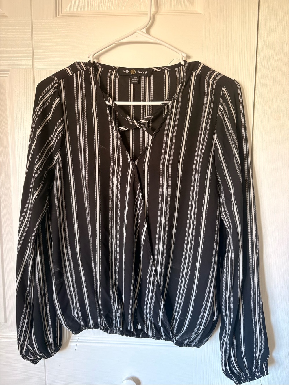 Belle & Tweed Black and White Striped V-Neck Blouse